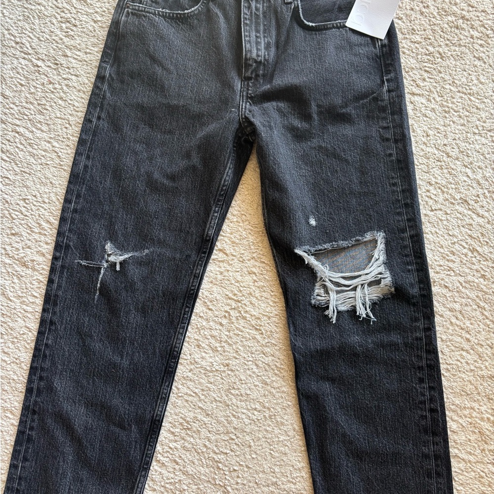 Etica Black Straight Distressed Jeans-Rhea Mid Rise Straight